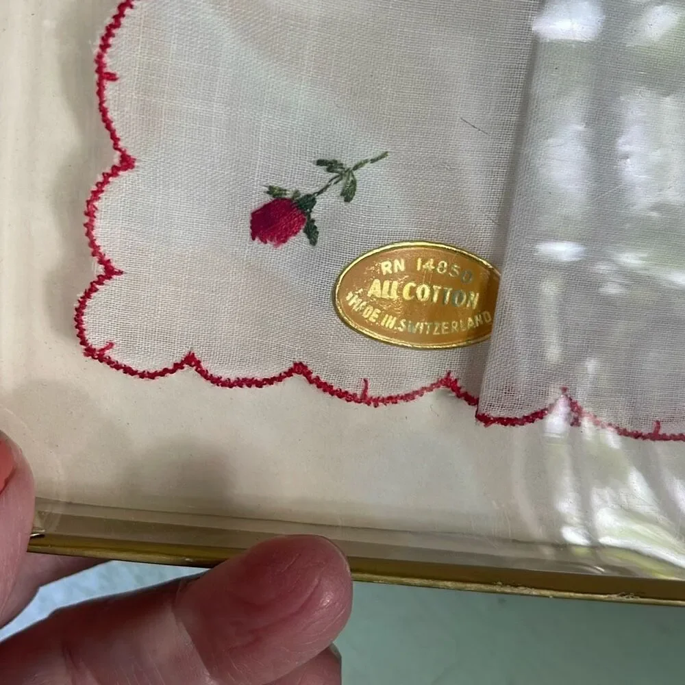 Vintage made in Switzerland embroidered handkerchief. New in package.